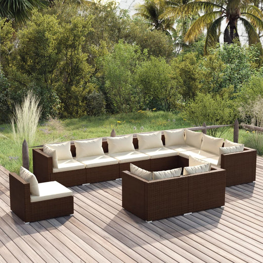 10-delige Loungeset met kussens poly rattan bruin Tuinsets | Creëer jouw Trendy Thuis | Gratis bezorgd & Retour | Trendy.nl