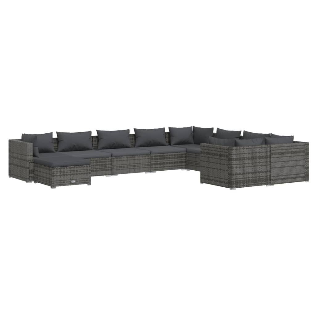 10-delige Loungeset met kussens poly rattan grijs