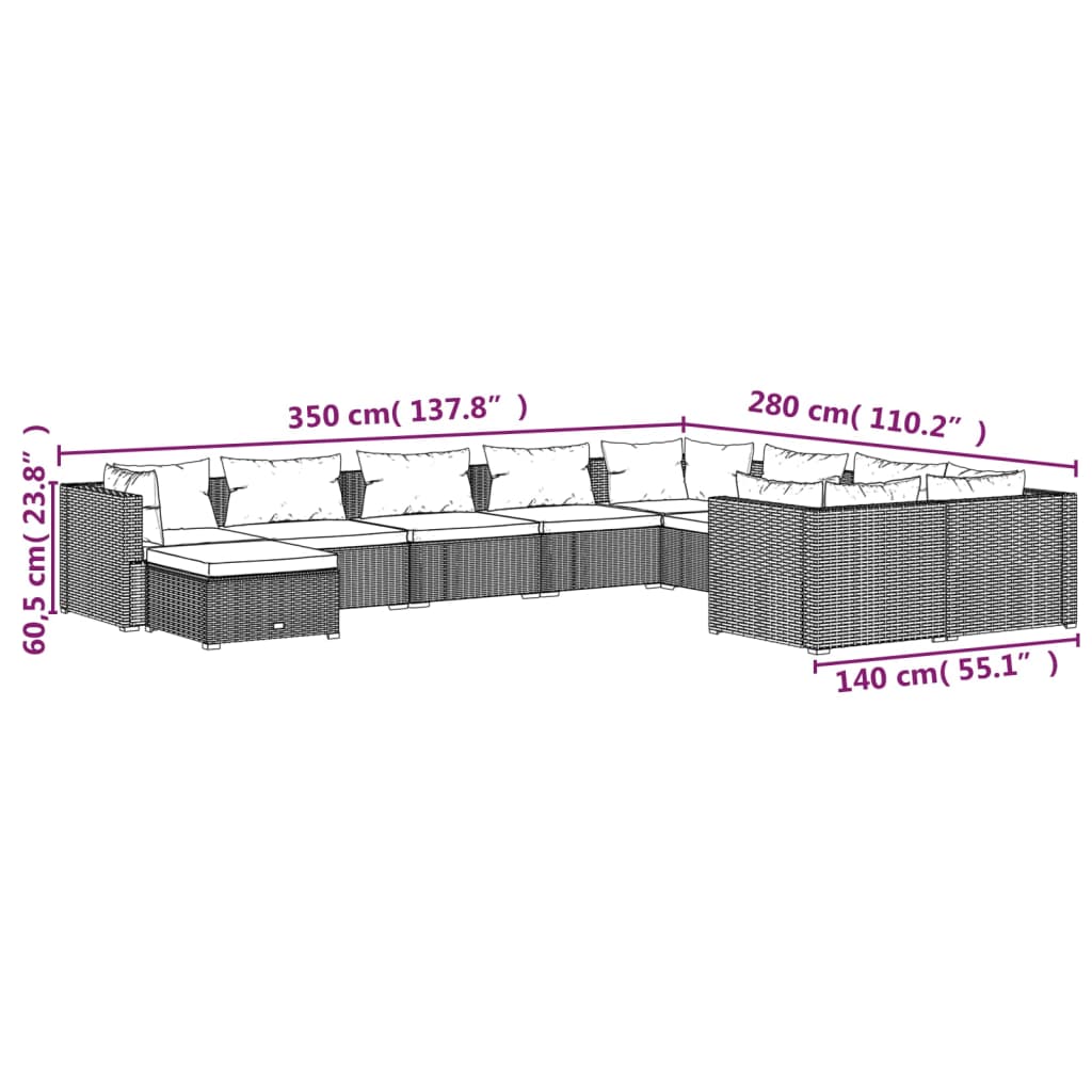 10-delige Loungeset met kussens poly rattan grijs