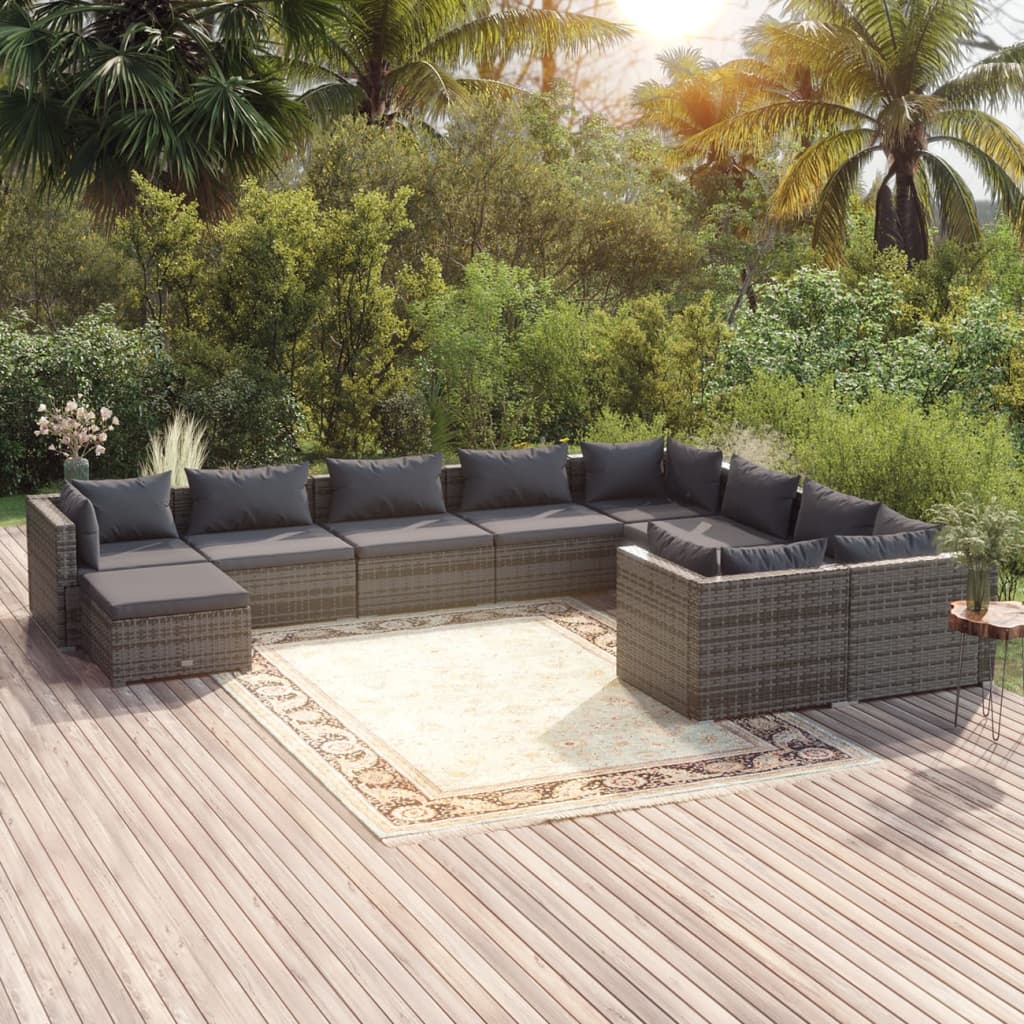 10-delige Loungeset met kussens poly rattan grijs