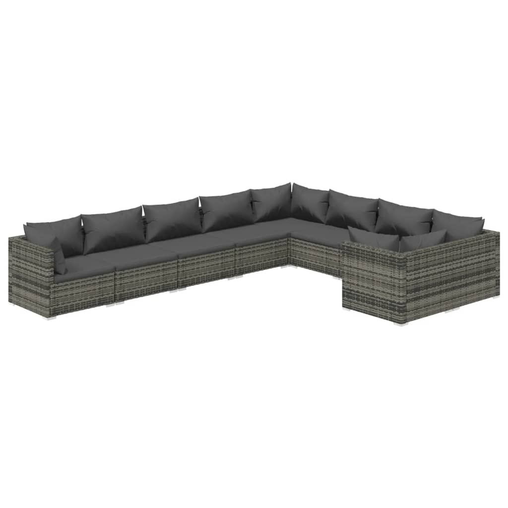 9-delige Loungeset met kussens poly rattan grijs