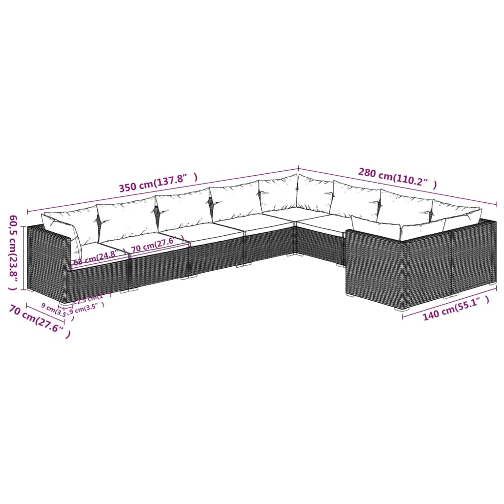 9-delige Loungeset met kussens poly rattan grijs