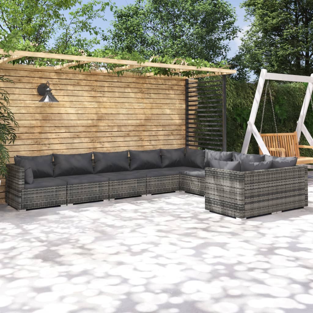 9-delige Loungeset met kussens poly rattan grijs