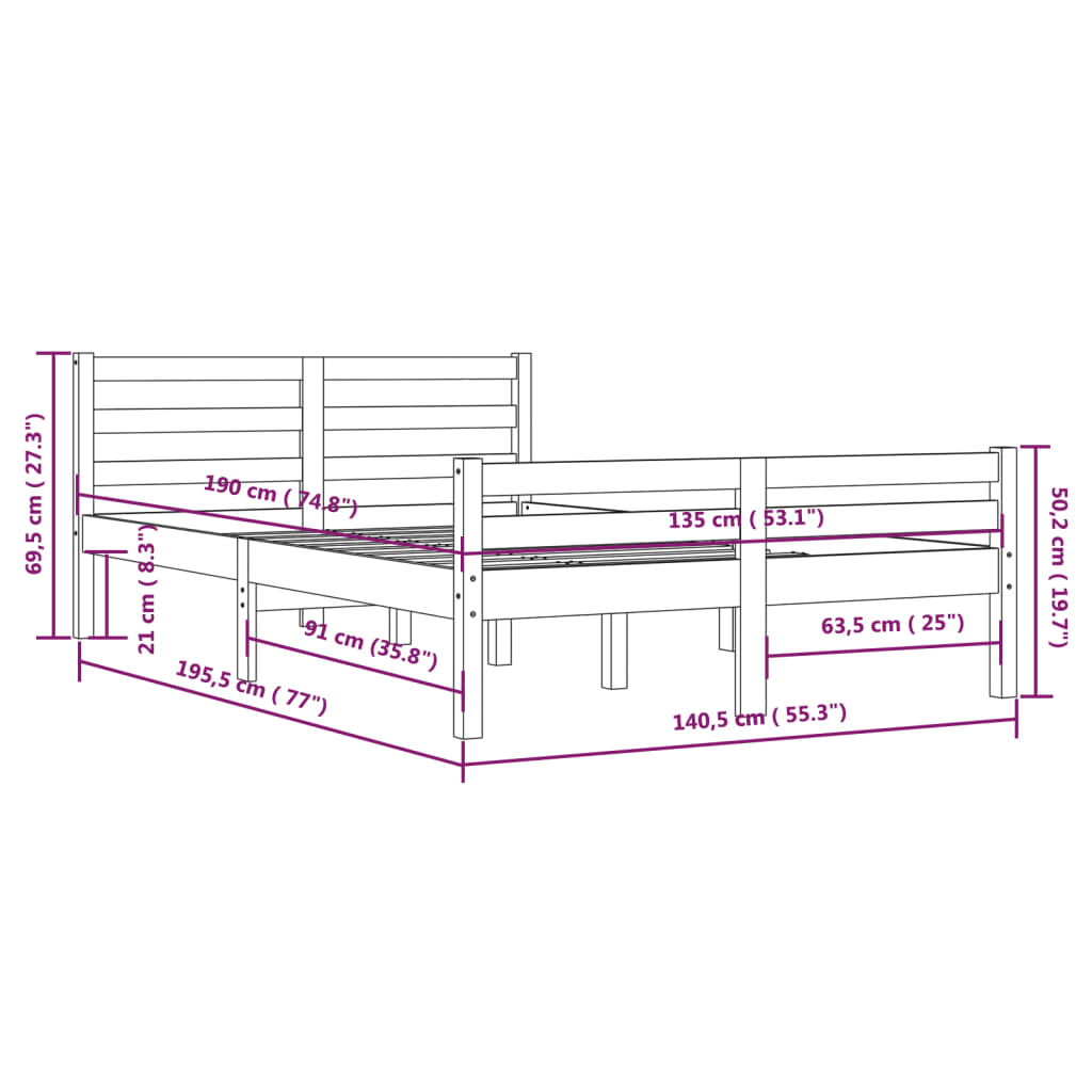 Bedframe massief hout zwart 135x190 cm