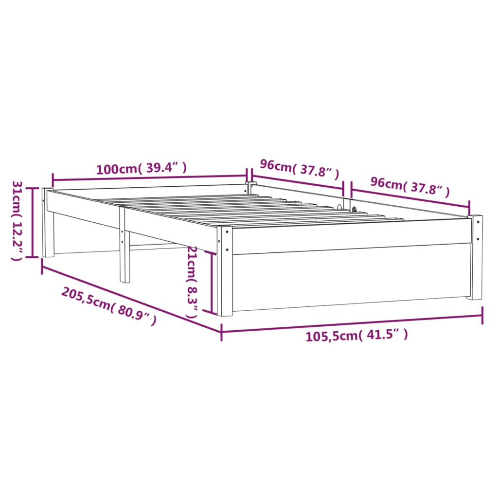 Bedframe massief hout wit 100x200 cm