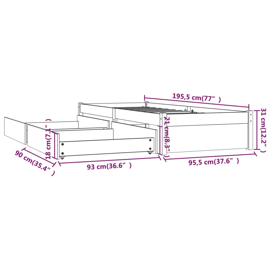 Bedframe met lades wit 90x190 cm