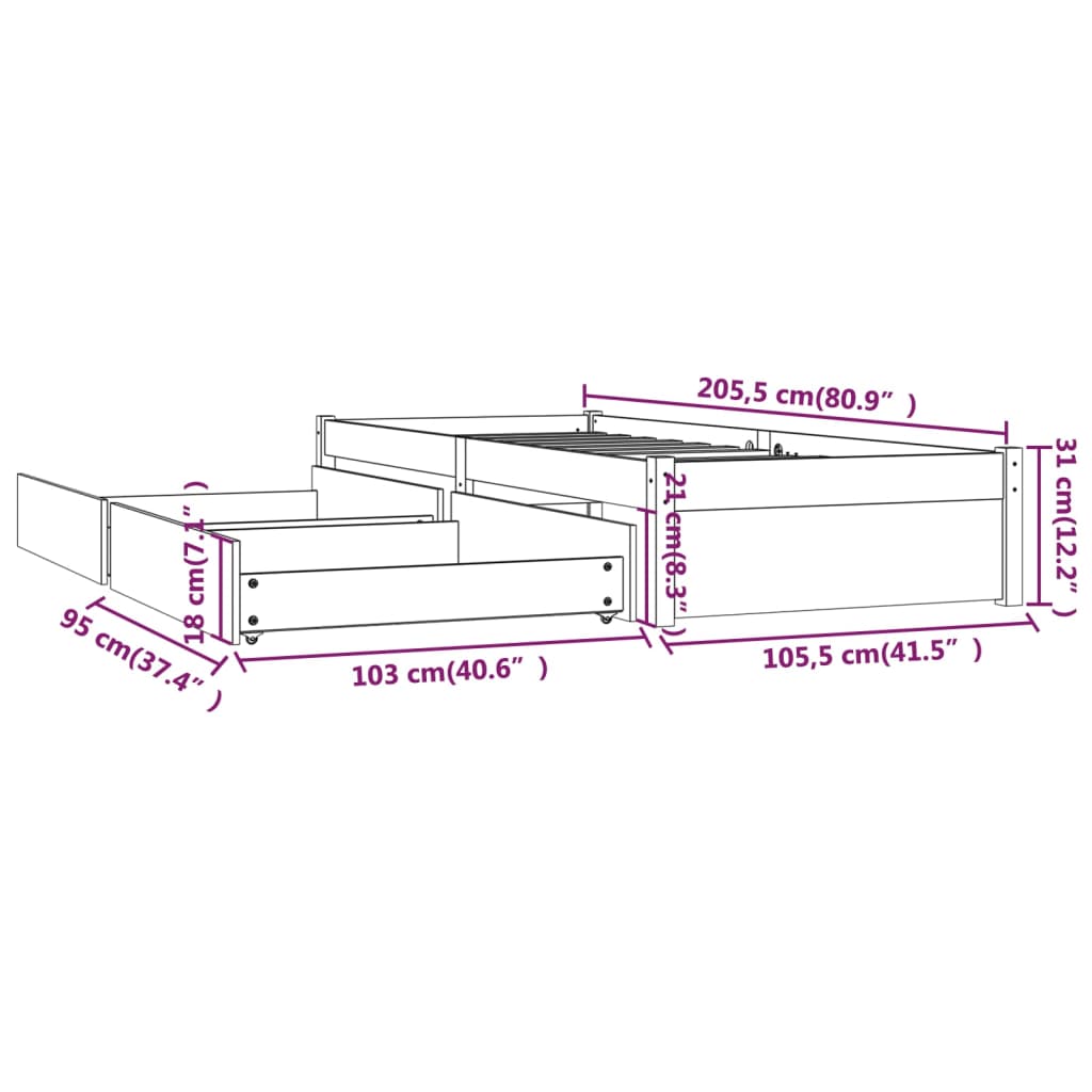 Bedframe met lades 100x200 cm