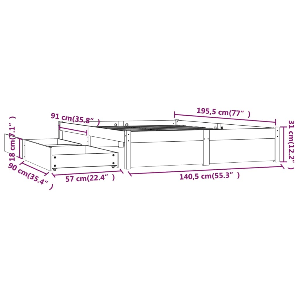 Bedframe met lades wit 135x190 cm