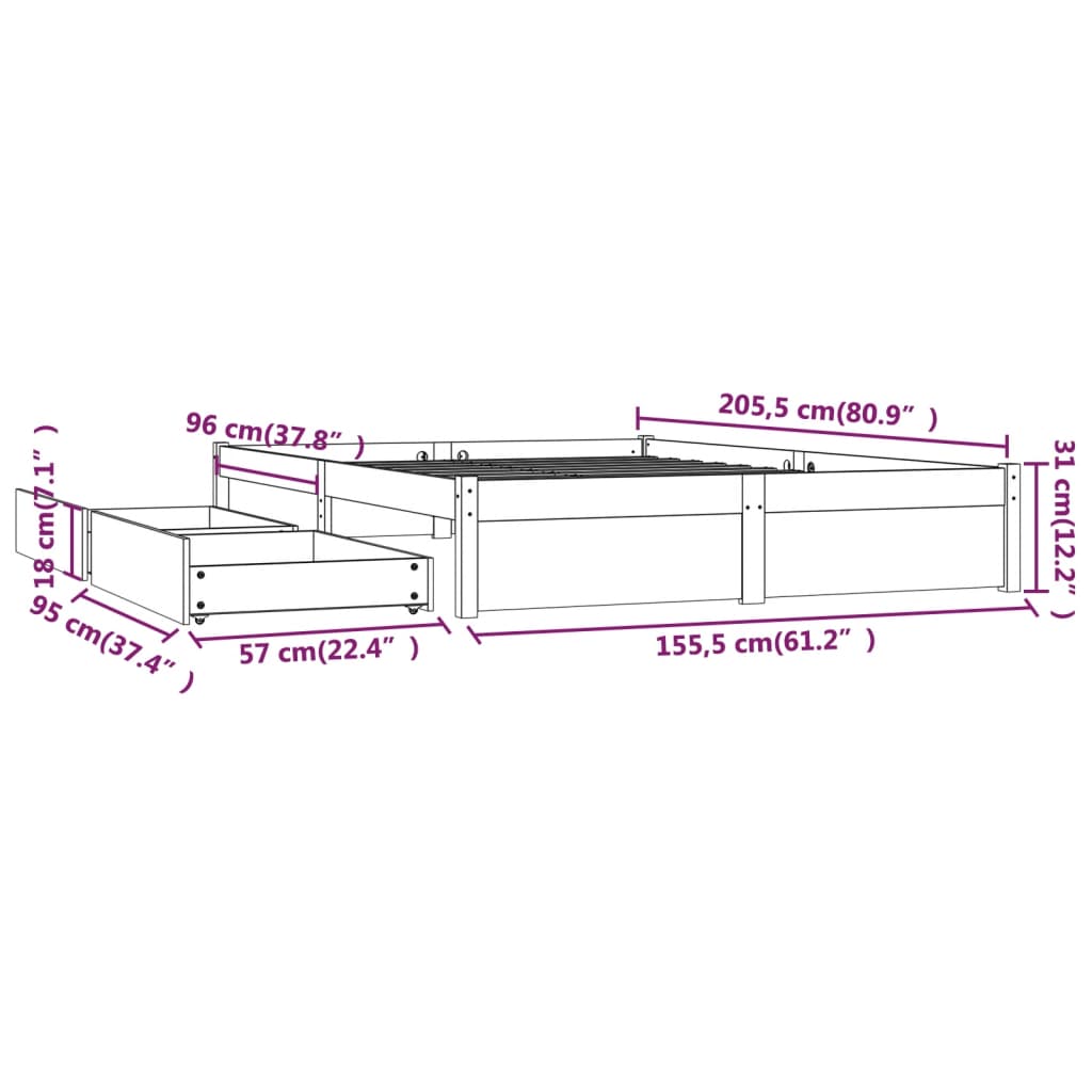 Bedframe met lades wit 150x200 cm