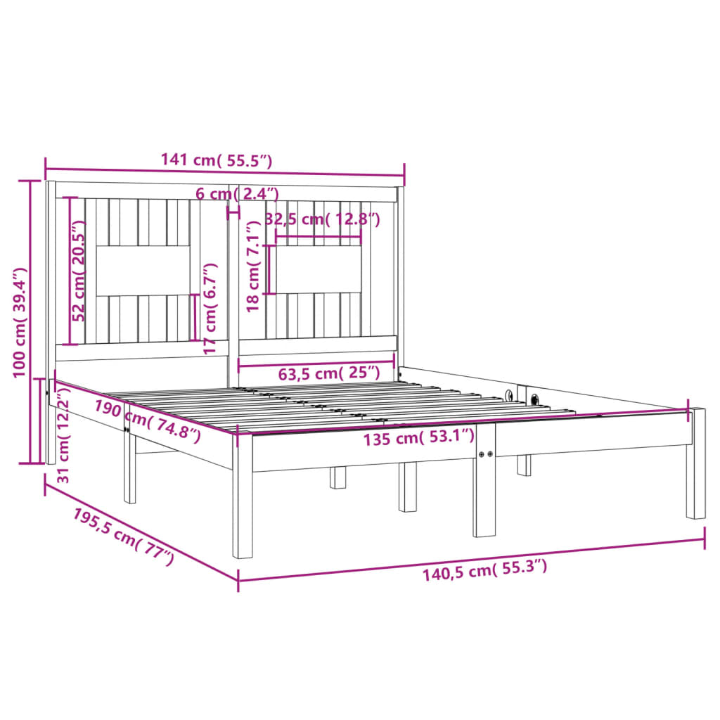 Bedframe massief hout wit 135x190 cm