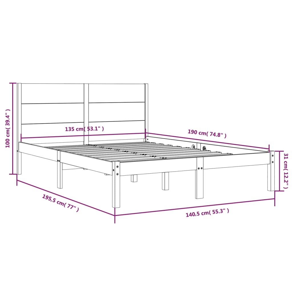 Bedframe massief hout wit 135x190 cm