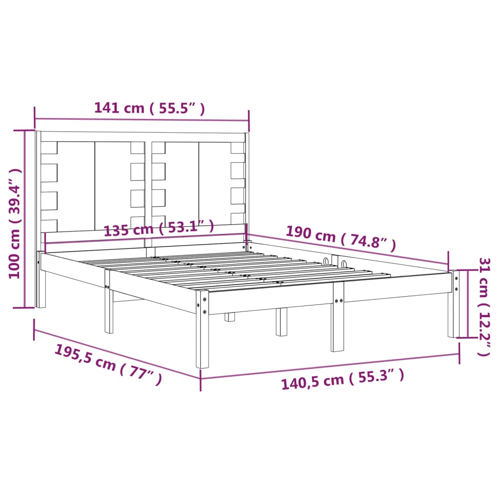 Bedframe massief hout wit 135x190 cm