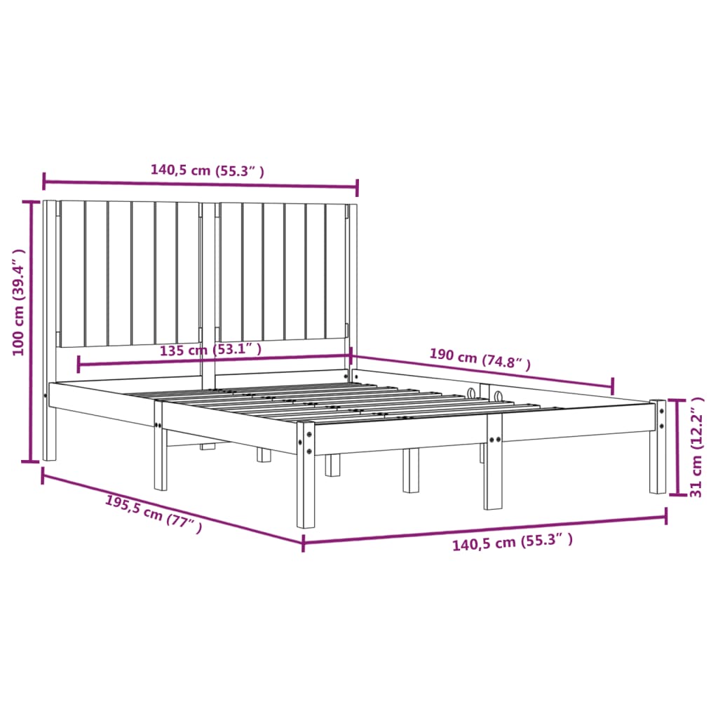 Bedframe zonder matras massief grenenhout wit 135x190 cm