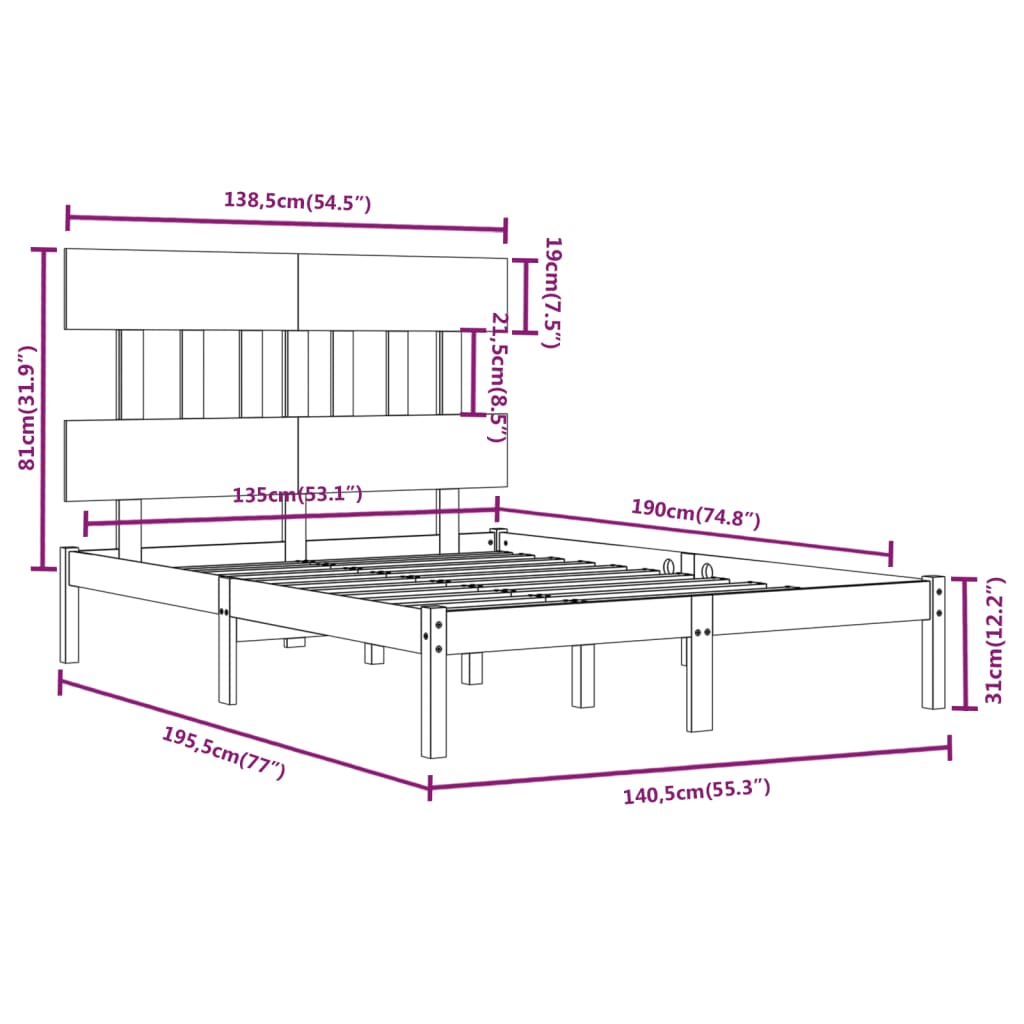 Bedframe massief hout wit 135x190 cm