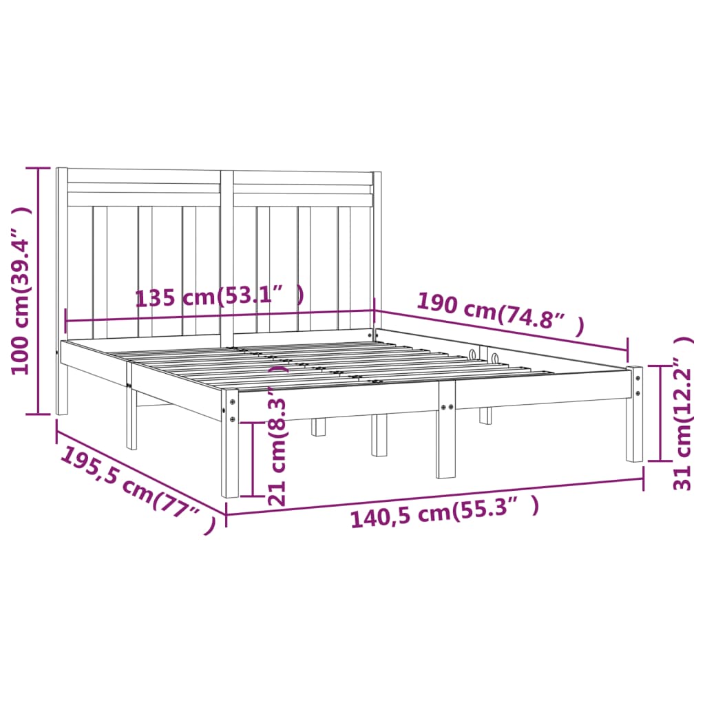 Bedframe massief hout wit 135x190 cm