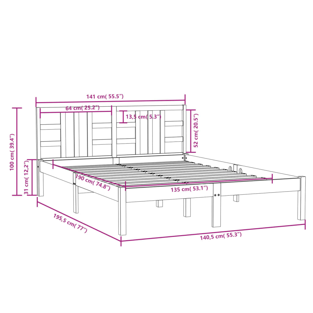 Bedframe massief hout wit 135x190 cm