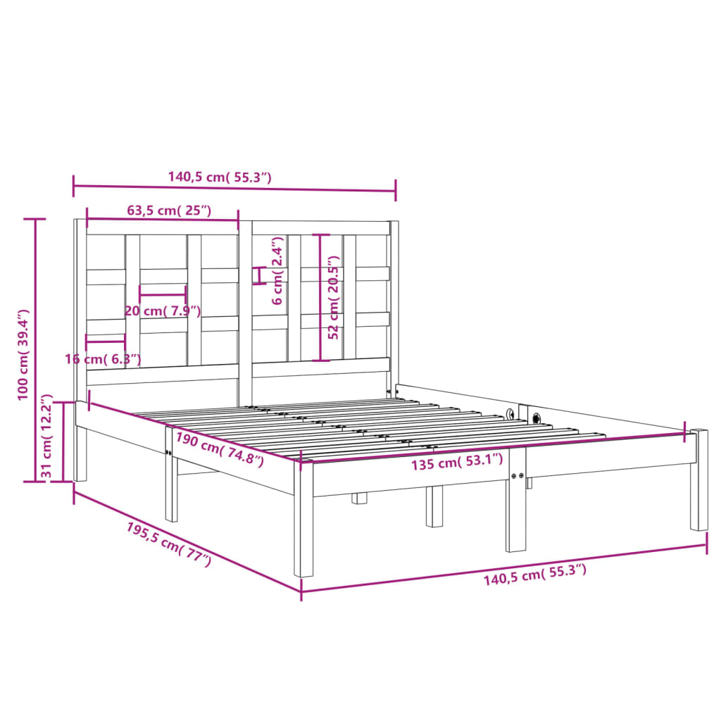 Bedframe massief hout wit 135x190 cm