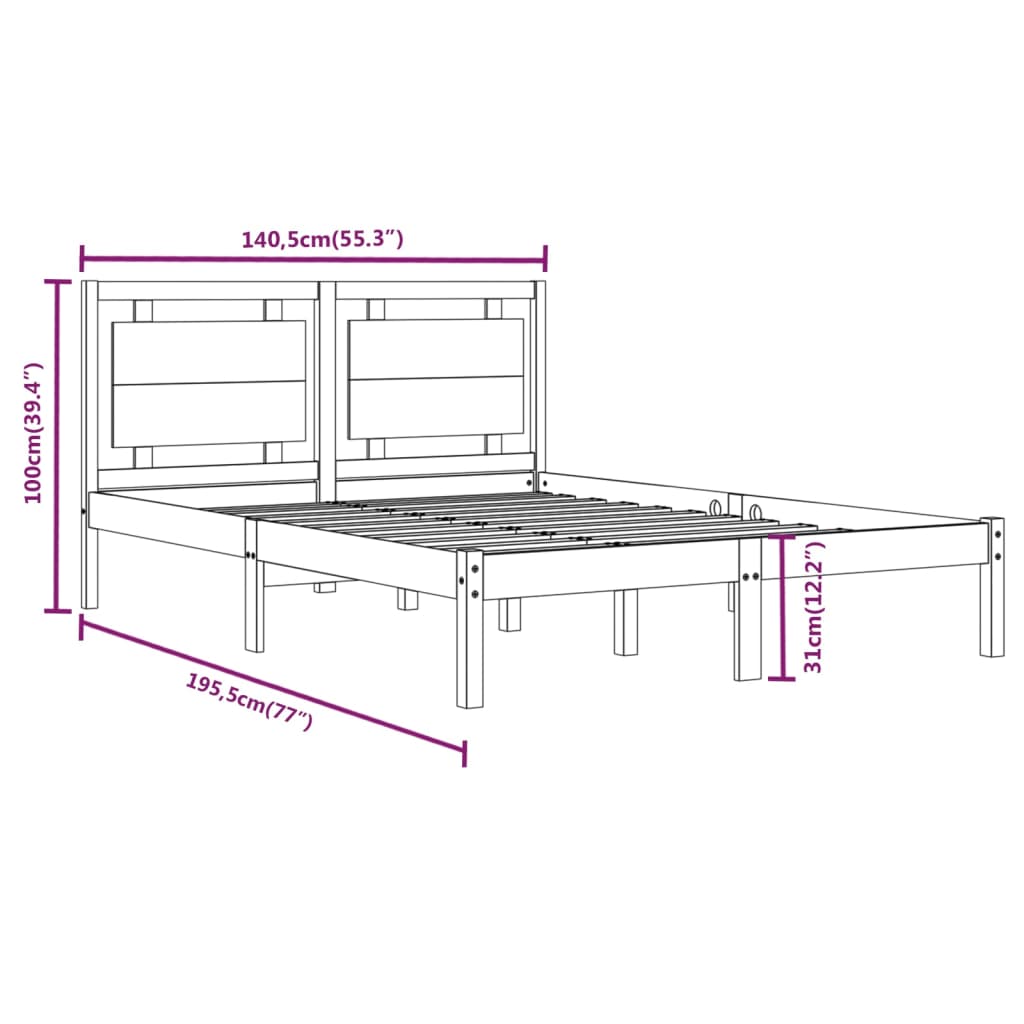 Bedframe massief hout wit 135x190 cm