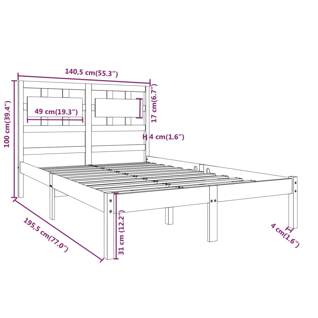 Bedframe massief hout wit 135x190 cm