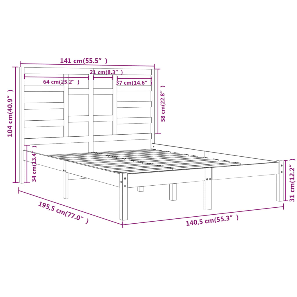 Bedframe massief hout wit 135x190 cm