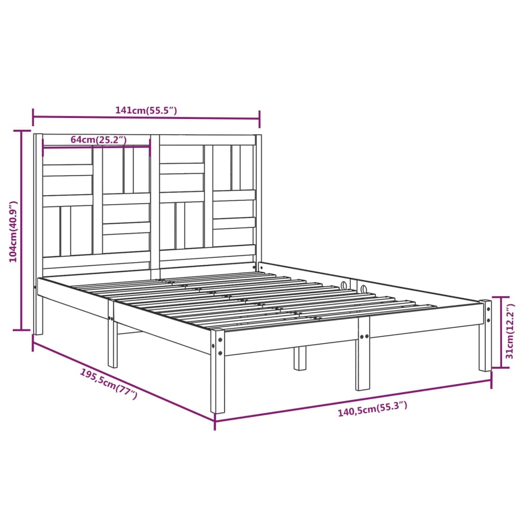 Bedframe massief hout wit 135x190 cm