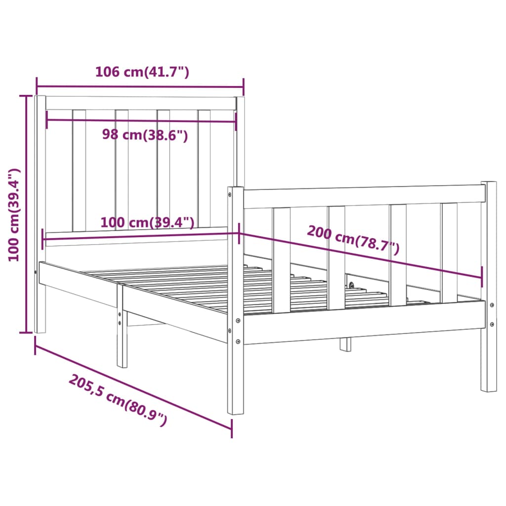 Bedframe massief hout 100x200 cm