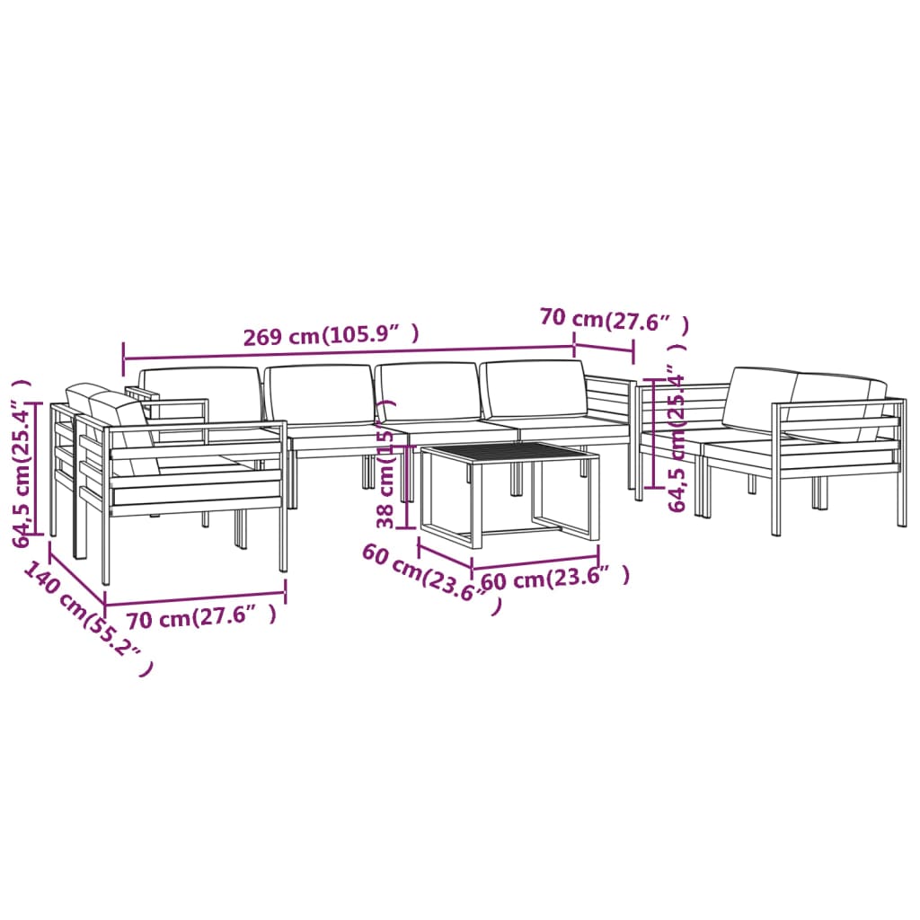 9-delige Loungeset met kussens aluminium antracietkleurig Tuinsets | Creëer jouw Trendy Thuis | Gratis bezorgd & Retour | Trendy.nl