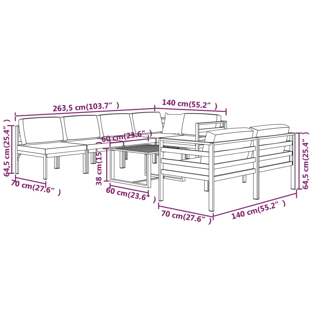 8-delige Loungeset met kussens aluminium antracietkleurig Tuinsets | Creëer jouw Trendy Thuis | Gratis bezorgd & Retour | Trendy.nl