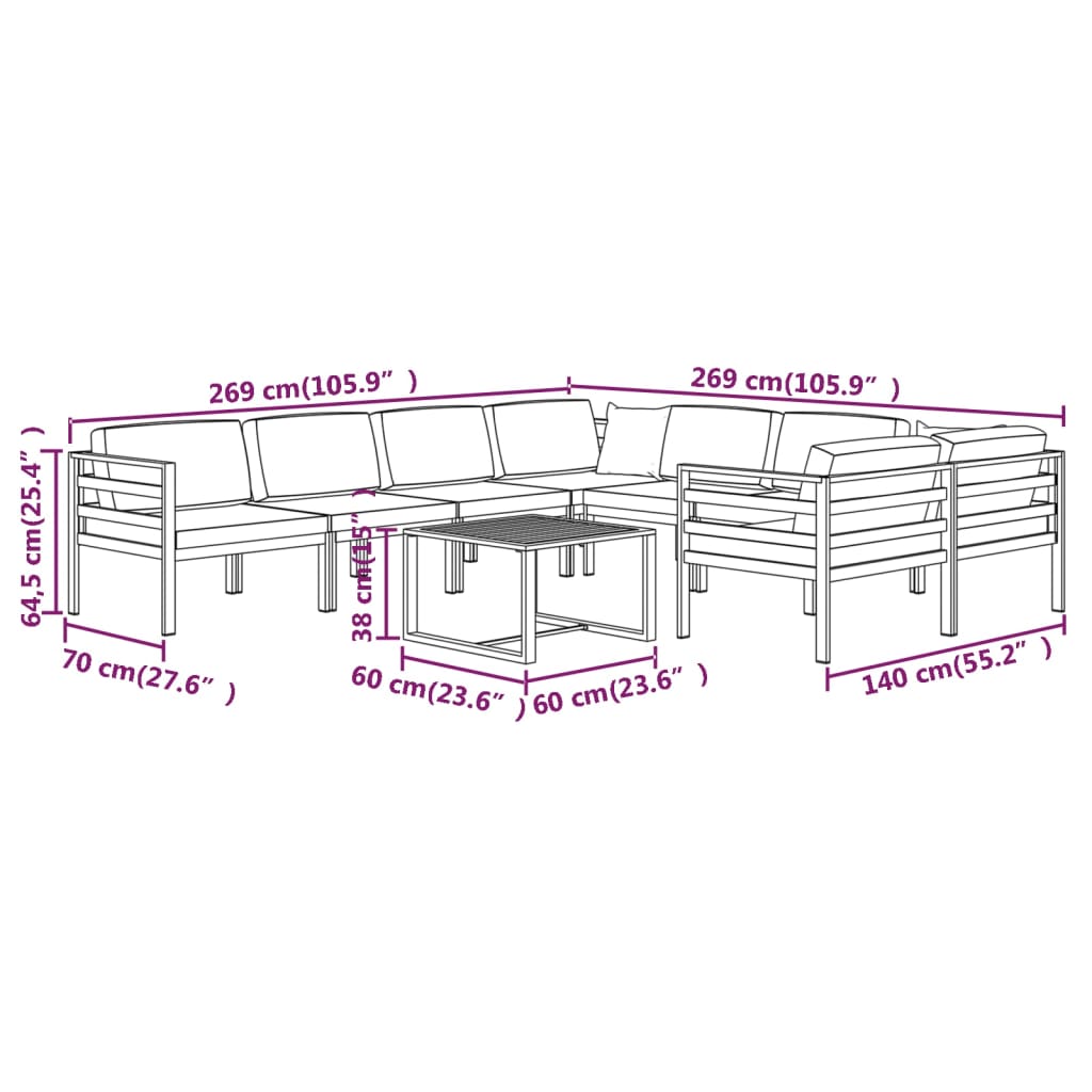 9-delige Loungeset met kussens aluminium antracietkleurig Tuinsets | Creëer jouw Trendy Thuis | Gratis bezorgd & Retour | Trendy.nl