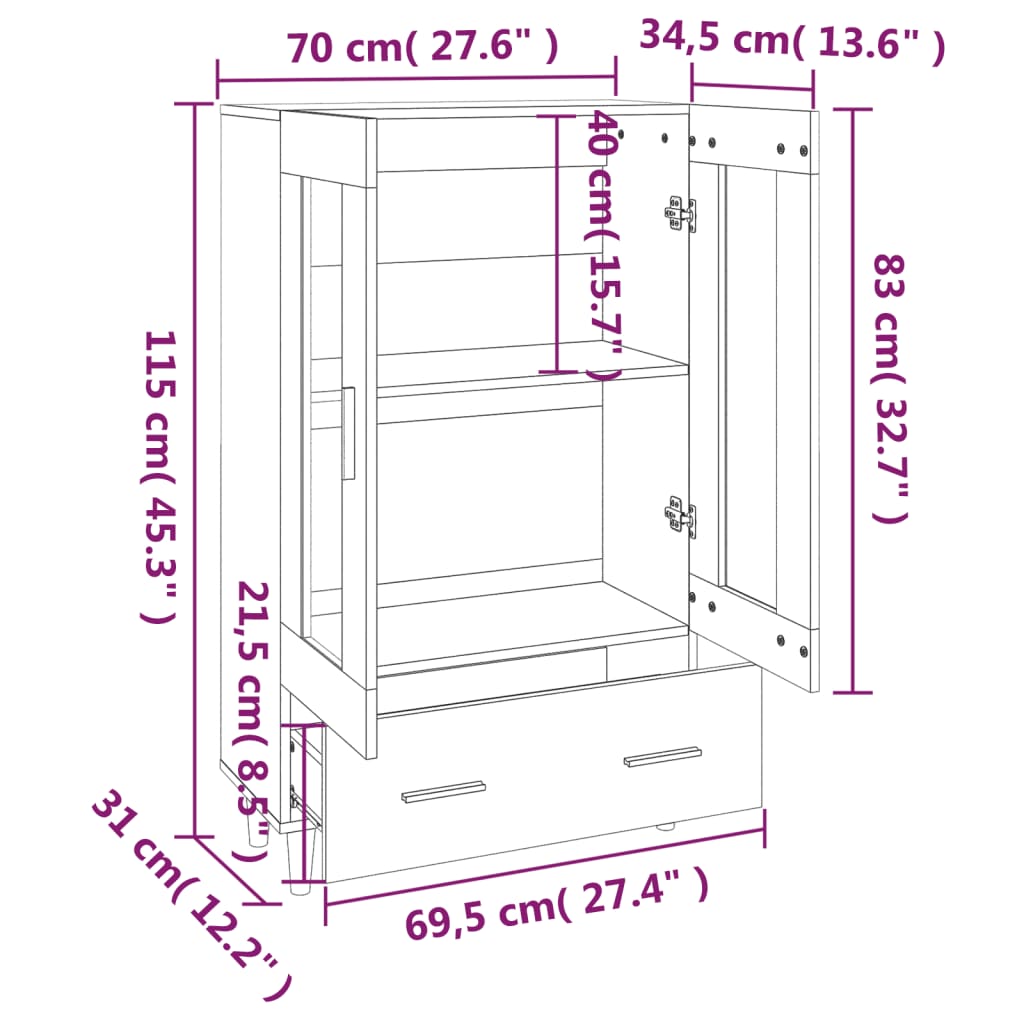 Hoge kast 70x31x115 cm bewerkt hout sonoma eikenkleurig Dressoirs & buffetkasten | Creëer jouw Trendy Thuis | Gratis bezorgd & Retour | Trendy.nl