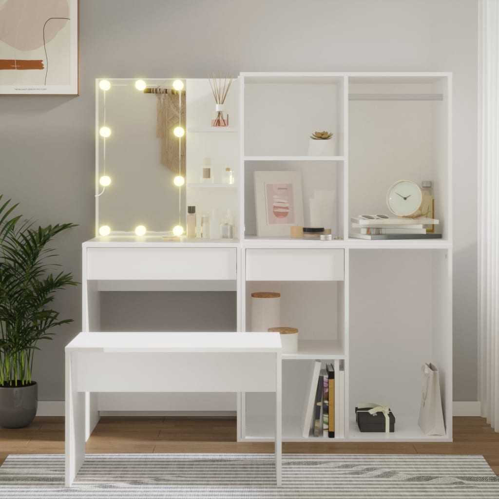 Kaptafelset met LED's bewerkt hout wit Slaapkamermeubelsets | Creëer jouw Trendy Thuis | Gratis bezorgd & Retour | Trendy.nl