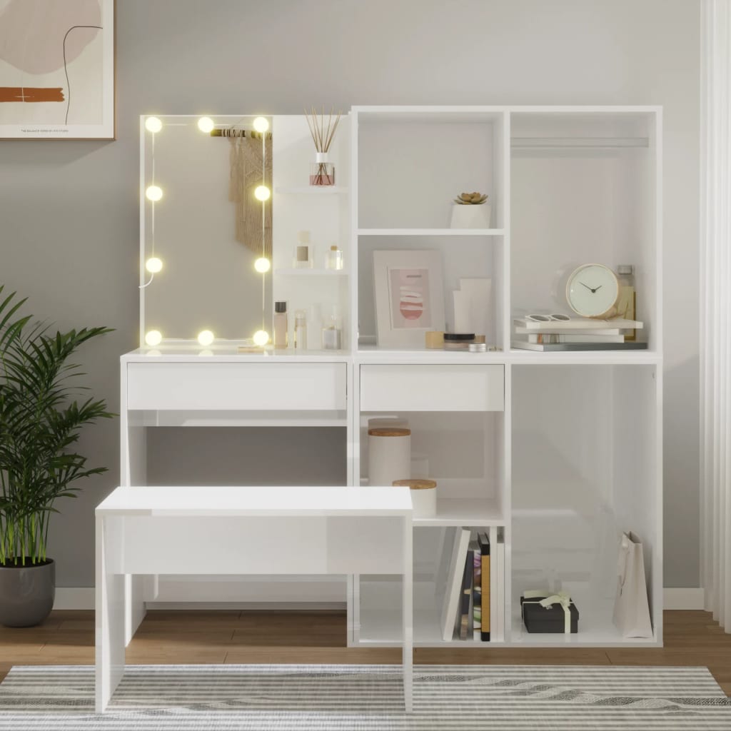 Kaptafelset met LED's bewerkt hout hoogglans wit Slaapkamermeubelsets | Creëer jouw Trendy Thuis | Gratis bezorgd & Retour | Trendy.nl