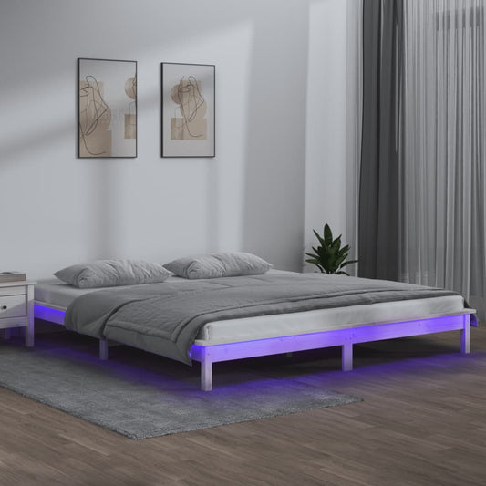 Bedframe LED massief hout wit 150x200 cm