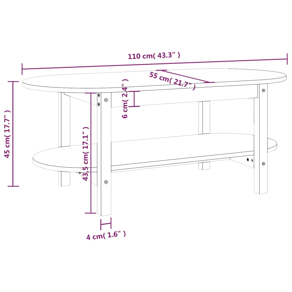 Salontafel 110x55x45 cm massief grenenhout wit