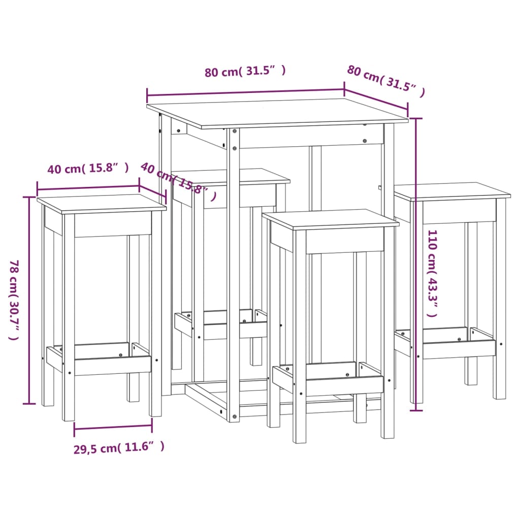 5-delige Barset massief grenenhout wit