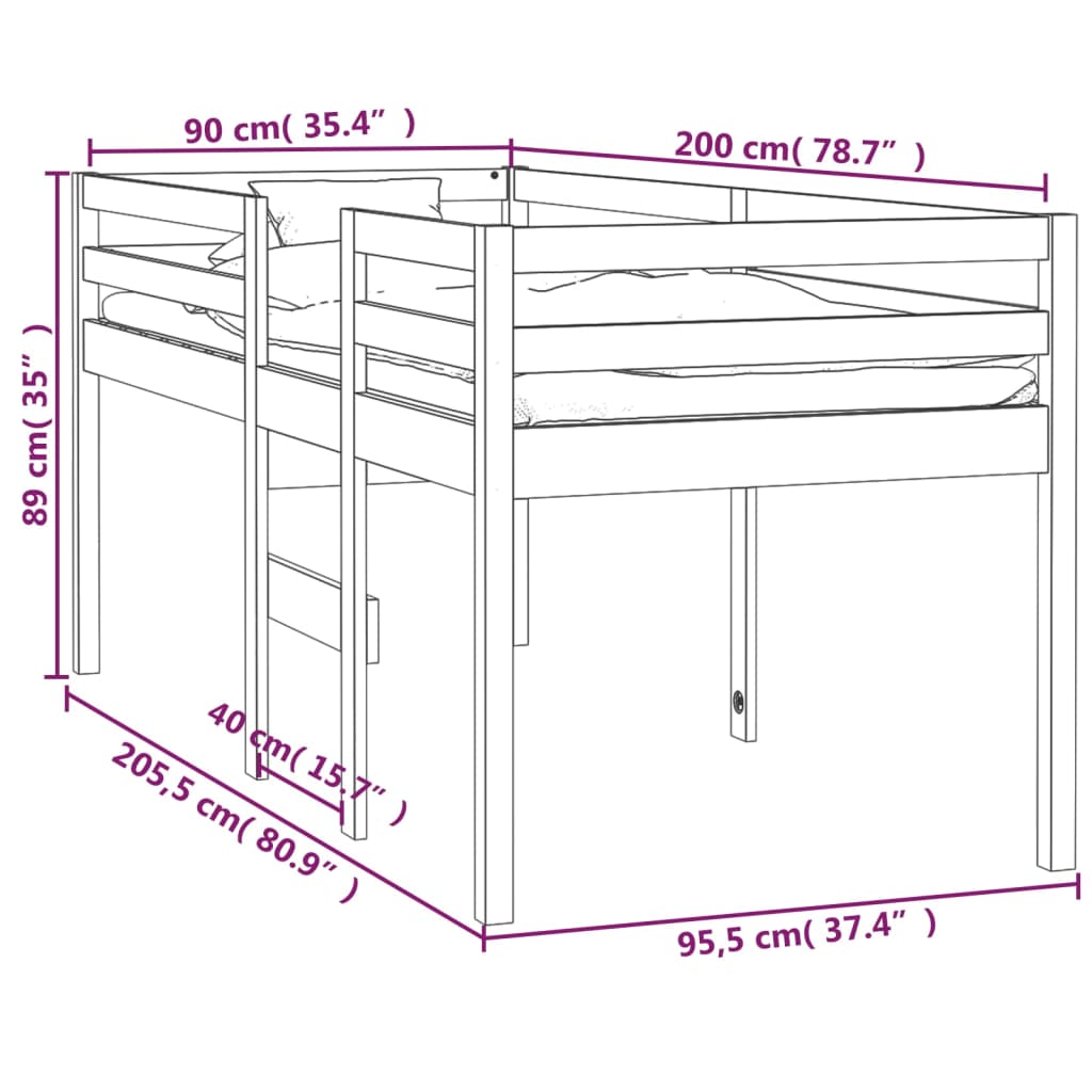 Hoogslaper massief grenenhout 90x200 cm