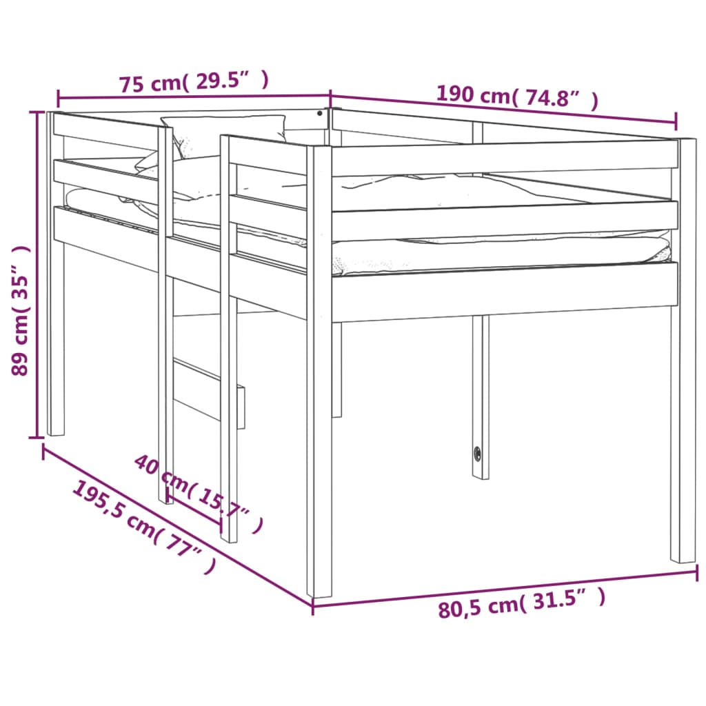 Hoogslaper massief grenenhout wit 75x190 cm