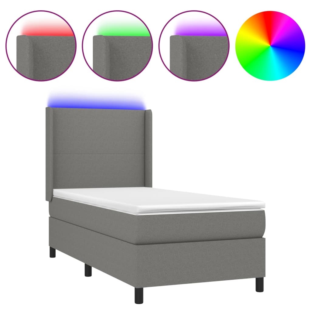 Boxspring met matras en LED stof donkergrijs 90x190 cm Bedden & bedframes | Creëer jouw Trendy Thuis | Gratis bezorgd & Retour | Trendy.nl