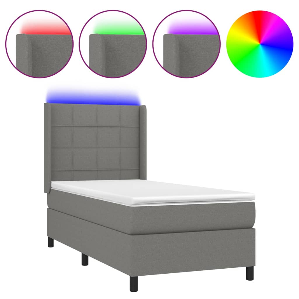 Boxspring met matras en LED stof donkergrijs 90x190 cm Bedden & bedframes | Creëer jouw Trendy Thuis | Gratis bezorgd & Retour | Trendy.nl