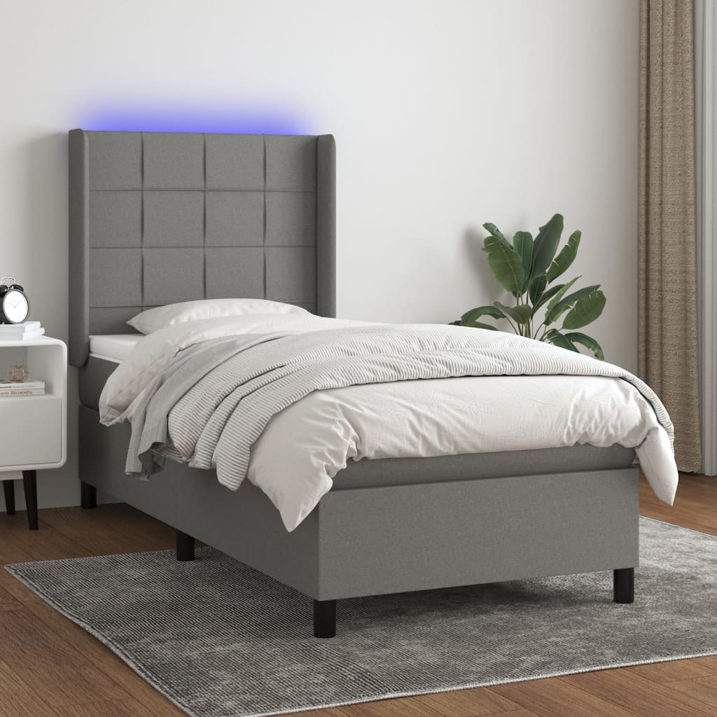 Boxspring met matras en LED stof donkergrijs 90x190 cm Bedden & bedframes | Creëer jouw Trendy Thuis | Gratis bezorgd & Retour | Trendy.nl