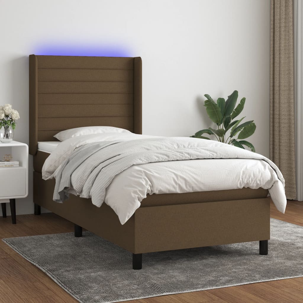 Boxspring met matras en LED stof donkerbruin 90x190 cm Bedden & bedframes | Creëer jouw Trendy Thuis | Gratis bezorgd & Retour | Trendy.nl