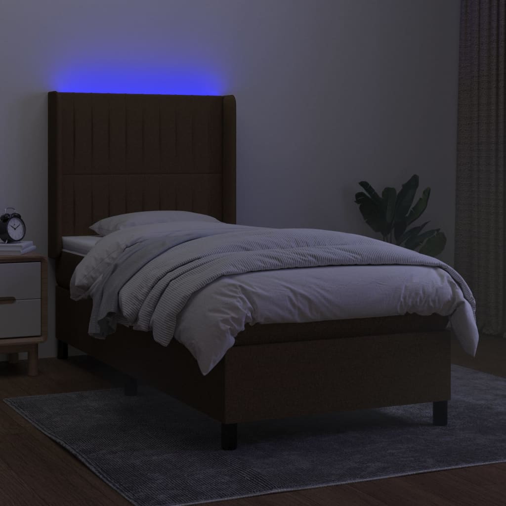Boxspring met matras en LED stof donkerbruin 90x190 cm Bedden & bedframes | Creëer jouw Trendy Thuis | Gratis bezorgd & Retour | Trendy.nl