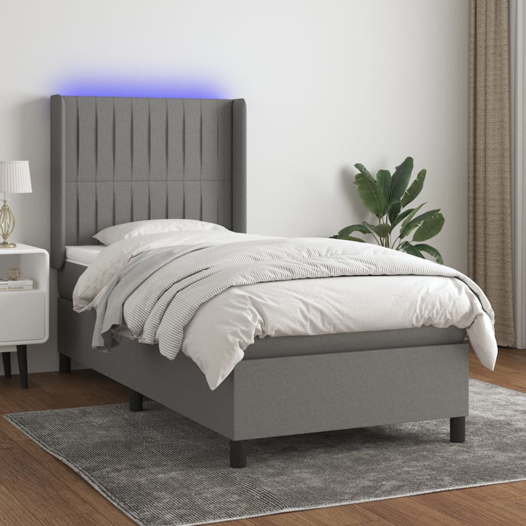 Boxspring met matras en LED stof donkergrijs 100x200 cm Bedden & bedframes | Creëer jouw Trendy Thuis | Gratis bezorgd & Retour | Trendy.nl