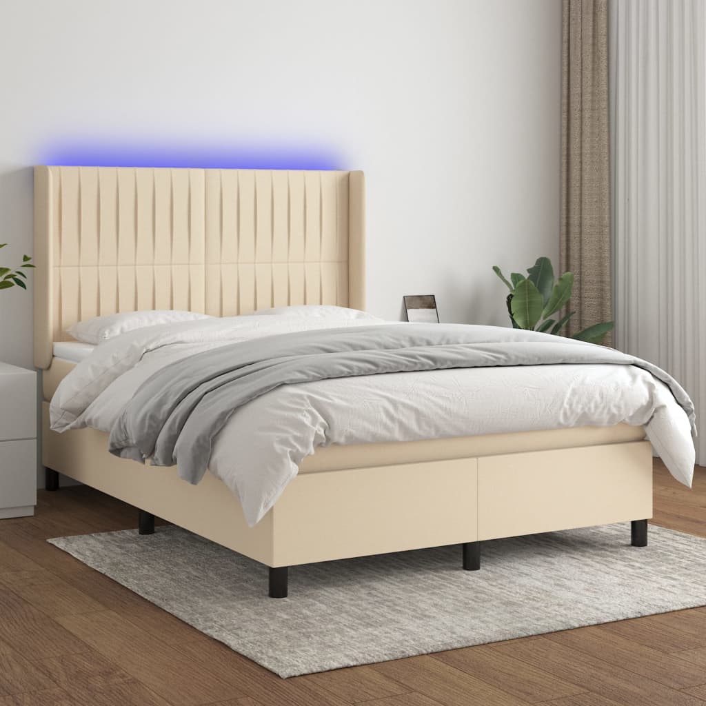 Boxspring met matras en LED stof crèmekleurig 140x190 cm Bedden & bedframes | Creëer jouw Trendy Thuis | Gratis bezorgd & Retour | Trendy.nl