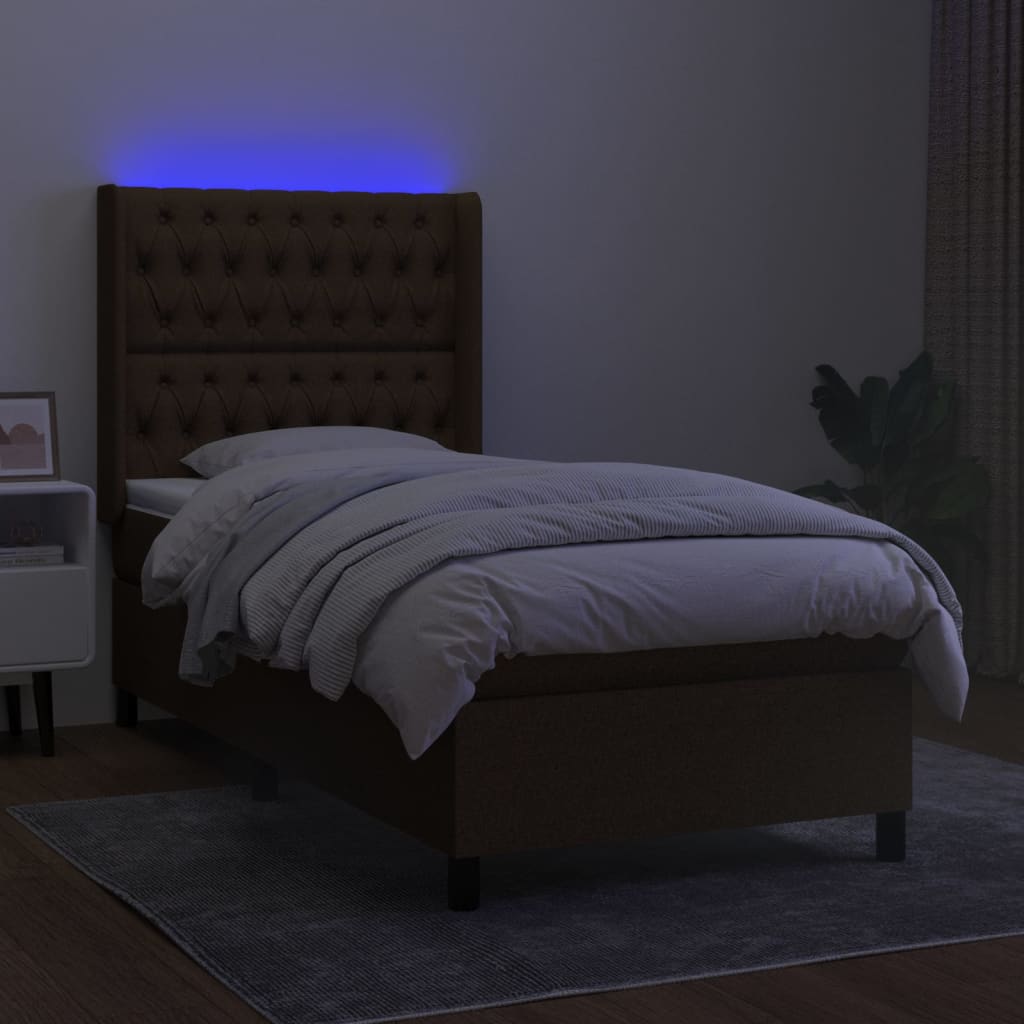 Boxspring met matras en LED stof donkerbruin 90x190 cm Bedden & bedframes | Creëer jouw Trendy Thuis | Gratis bezorgd & Retour | Trendy.nl