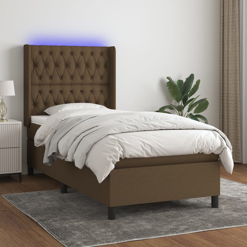 Boxspring met matras en LED stof donkerbruin 90x190 cm Bedden & bedframes | Creëer jouw Trendy Thuis | Gratis bezorgd & Retour | Trendy.nl