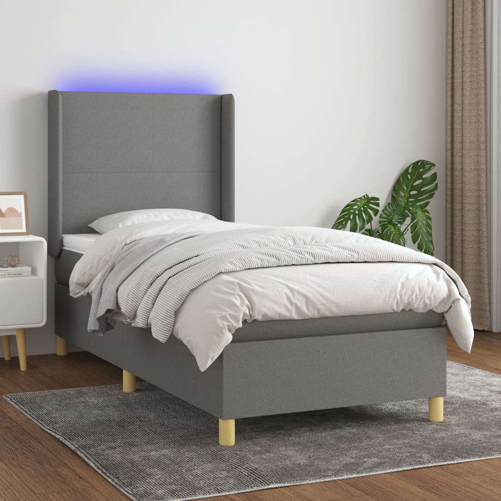 Boxspring met matras en LED stof donkergrijs 90x190 cm Bedden & bedframes | Creëer jouw Trendy Thuis | Gratis bezorgd & Retour | Trendy.nl