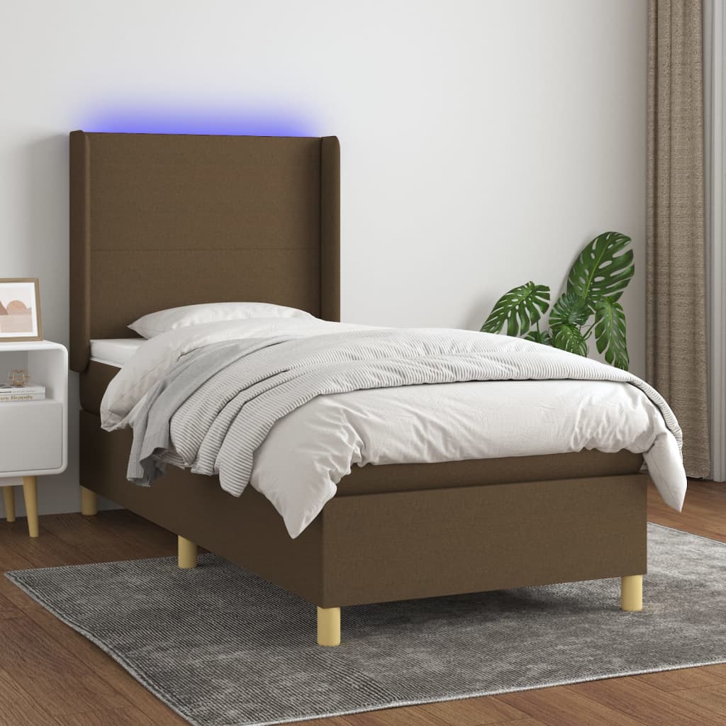 Boxspring met matras en LED stof donkerbruin 90x190 cm Bedden & bedframes | Creëer jouw Trendy Thuis | Gratis bezorgd & Retour | Trendy.nl