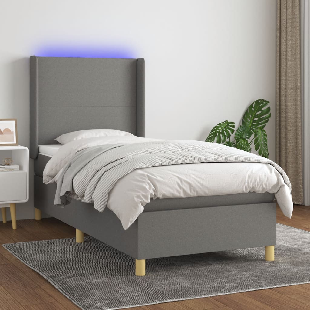 Boxspring met matras en LED stof donkergrijs 90x200 cm Bedden & bedframes | Creëer jouw Trendy Thuis | Gratis bezorgd & Retour | Trendy.nl