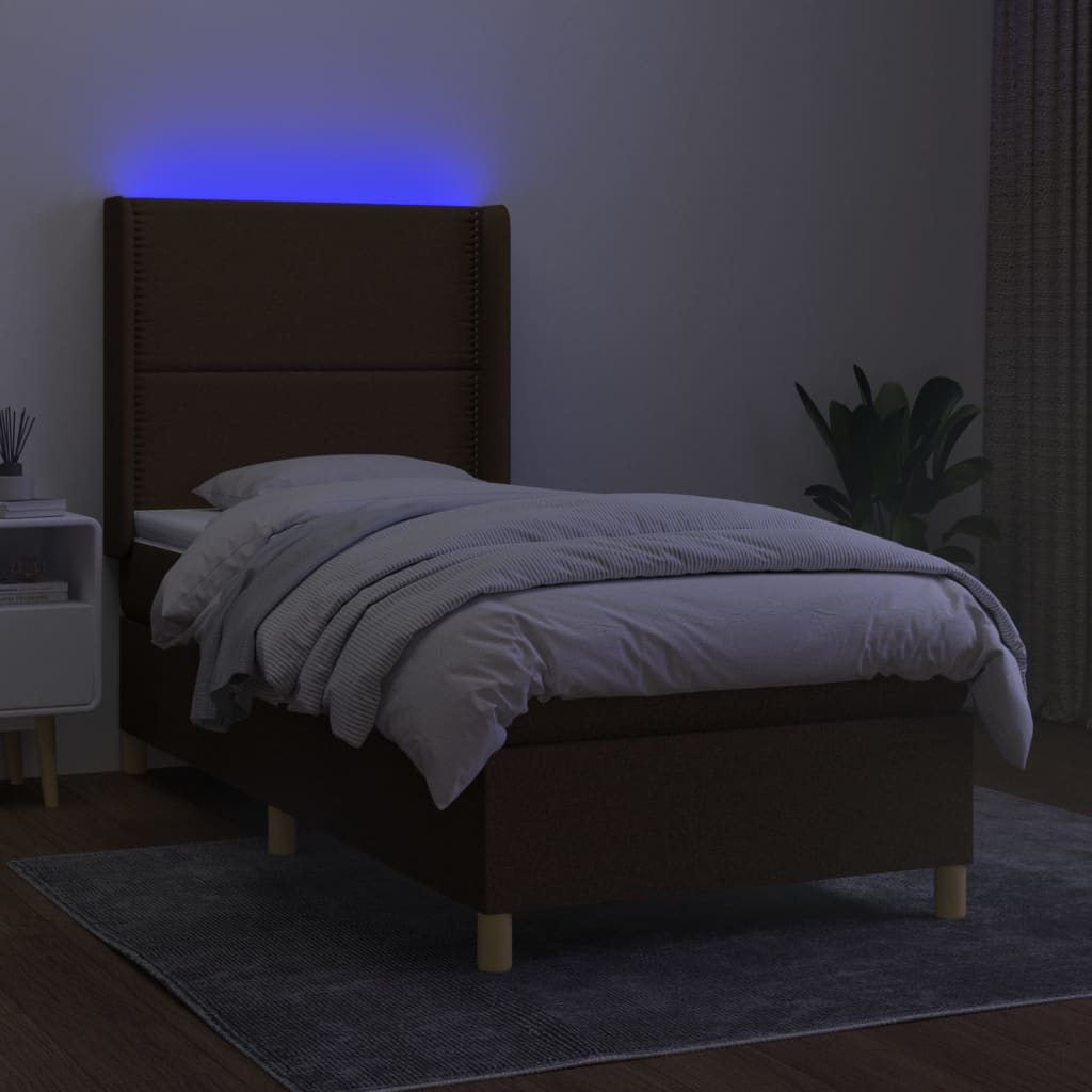 Boxspring met matras en LED stof donkerbruin 90x190 cm Bedden & bedframes | Creëer jouw Trendy Thuis | Gratis bezorgd & Retour | Trendy.nl